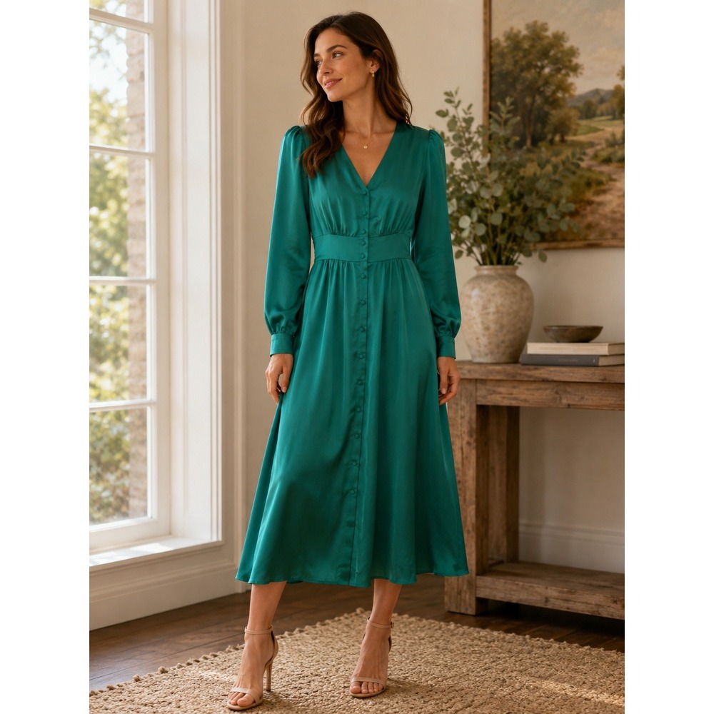 J. Crew Midi Hammock Dress Womens 6 Green Excellent Satin Button Front V-Neck